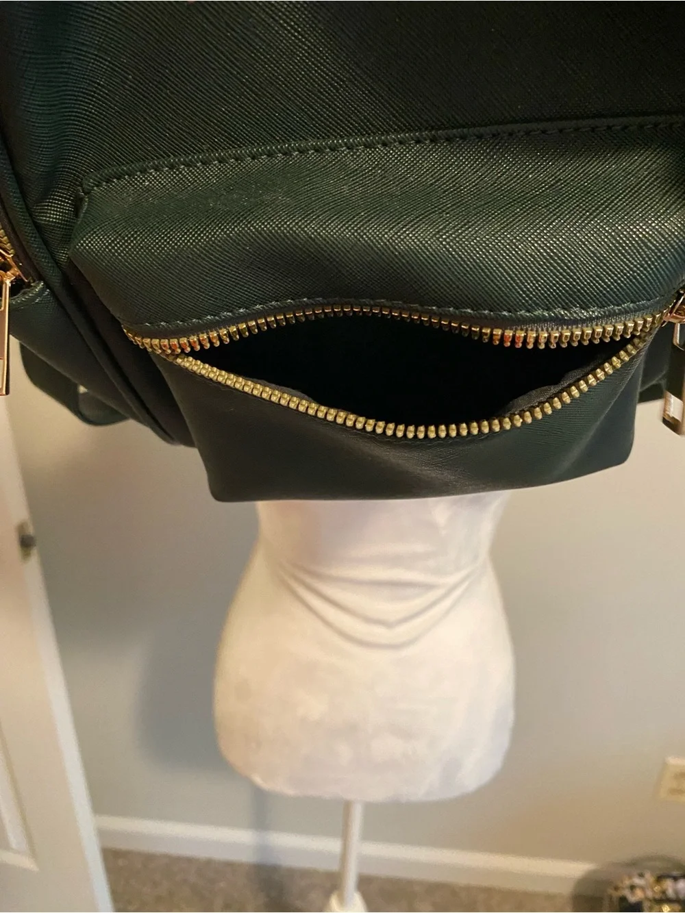 'Love' Embroidered Mini Backpack with Pom Accent in Dark Green